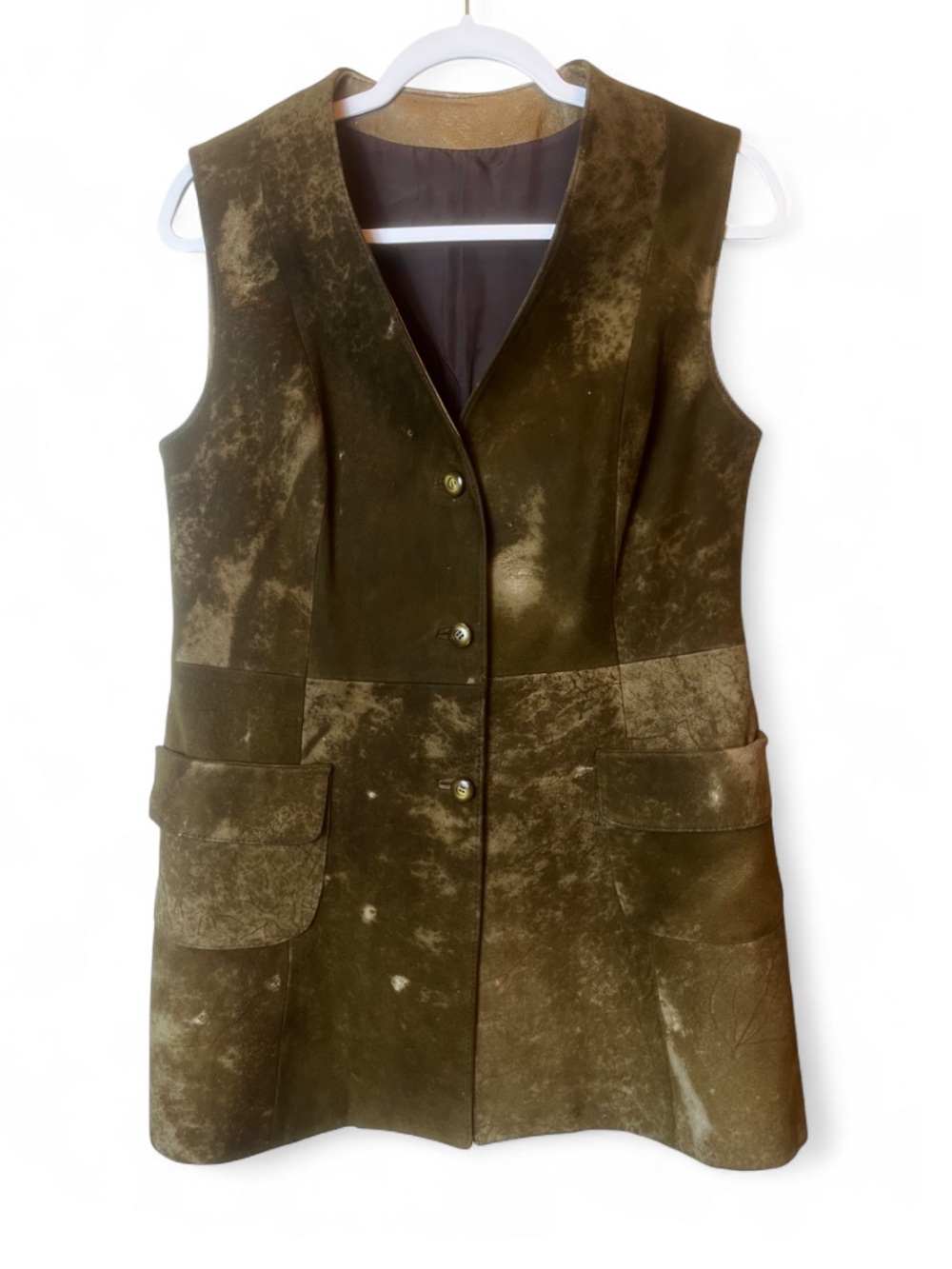 1960’s Vintage Suede Discolored Tan Longline Button Down Vest Sz S